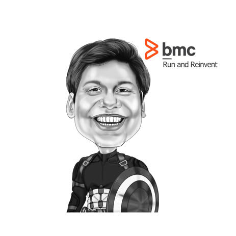 Superhero Exaggerated Style Employee Caricature in Black and White Style - example