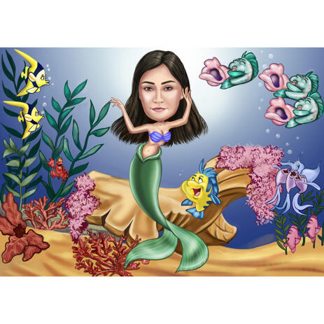 Custom Mermaid Caricature with Colored Background - example