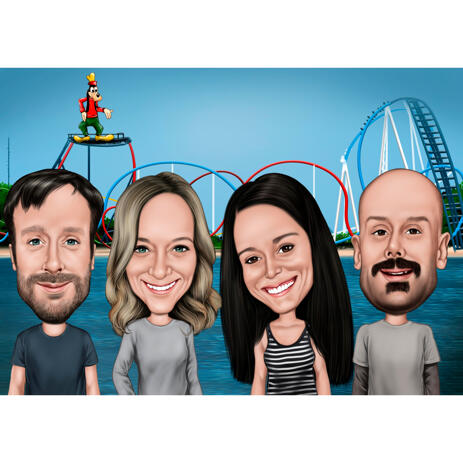 Funny Exaggerated Group Journey Caricature from Photos with Roller Coaster Background - example
