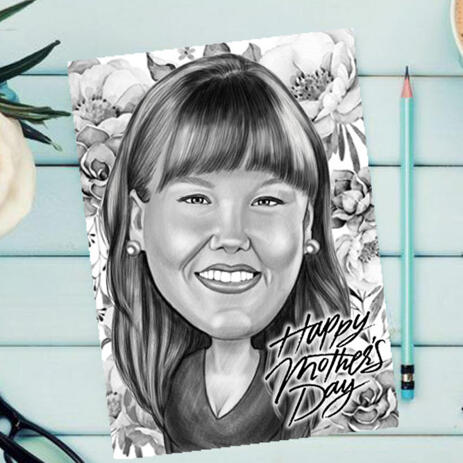 Original Drawing from Photo: Monochrome Pencils Caricature for Mother's Day GIft - example