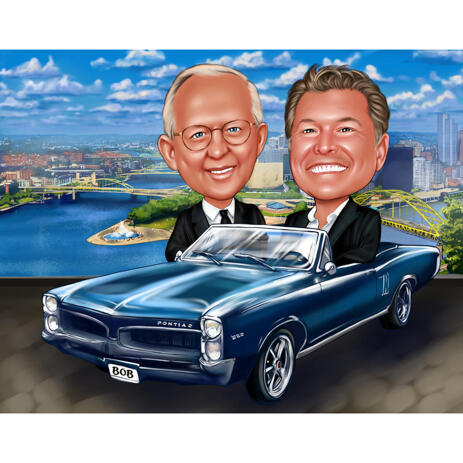 Two Persons in Car Caricature with Custom Background - example