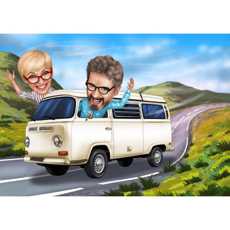 Couple Caricature in Bus Hand Drawn in Colored Style with Custom Background - example