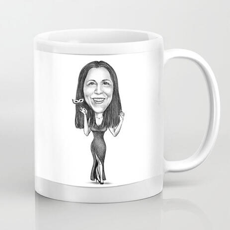 Full Body Lady Caricature in Black and White Style for Custom Mug Print Gift - example