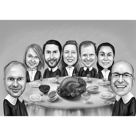 Thanksgiving Dinner Family Caricature from Photos in Black and White Style - example