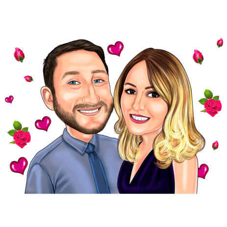 Couple Caricature in Color Style with Roses and Hearts Background - example
