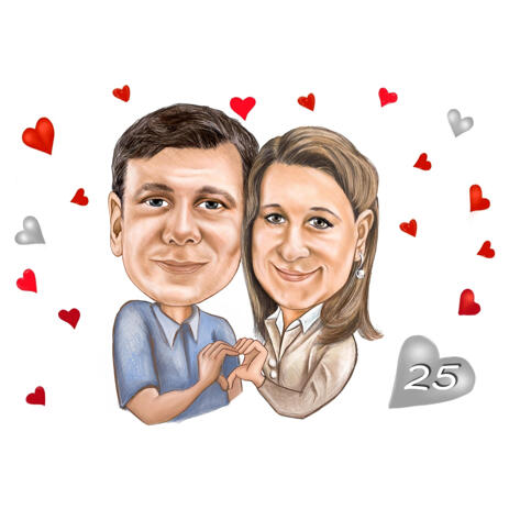 25th Years Wedding Couple Celebration Colored Caricature Perfect Gift for Silver Anniversary - example