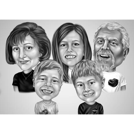 Funny Family Caricature Gift in Black and White Style from Photos for Five Family Members - example
