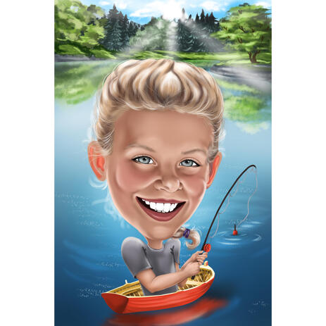Fishing Kid Caricature with Lake Background - example