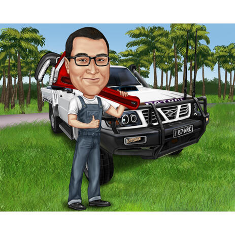 Mechanic Caricature with Spanner and Car Background - example