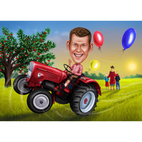Hand Drawn Caricature Man on Tractor with Custom Background for Farmer Gift - example