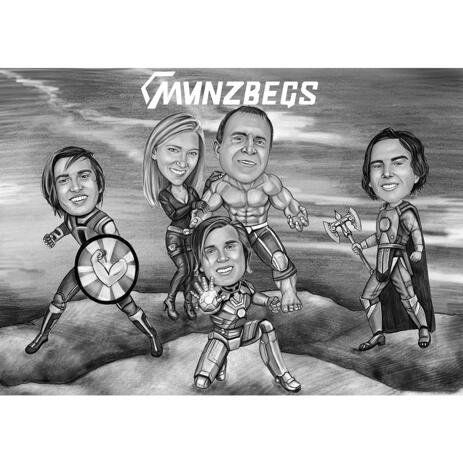 Full Body Superhero Corporate Caricature with Company's Logo in Black and White on Custom Background - example