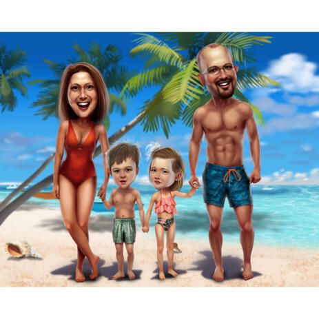 Family on Beach Colored Caricature in Full Body Type from Photos - example