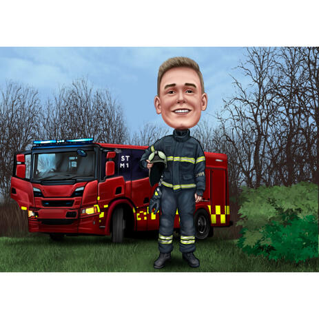 Brandman Karikatyrstående från foto med skogbakgrund för brandmangåva - example