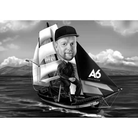Fashion Full Body Man Caricature in Black and White Style with Sailing Ship Background - example