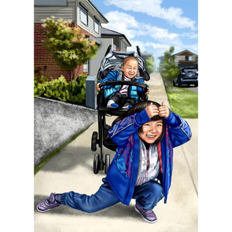 Full Body Kids Portrait Drawing Art in Colored Style with Custom Background - example