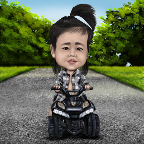 Kid on a Quad Bike Caricature Gift with Custom Background in Color Style - example