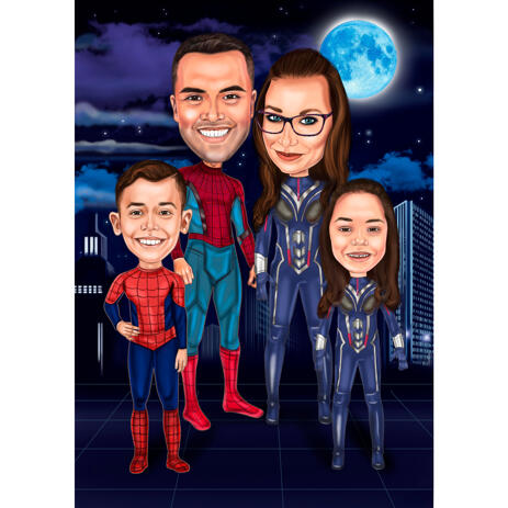 Superhero Family with Two Kids Caricature from Photos with Mysterious Night Background - example