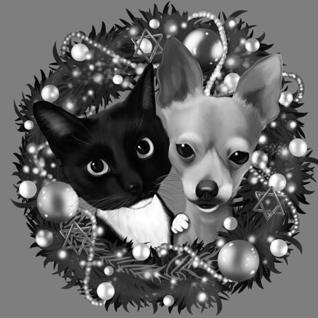 Pets in Wreath Caricature in Black and White Style as Christmas Gift for Pet Lovers - example