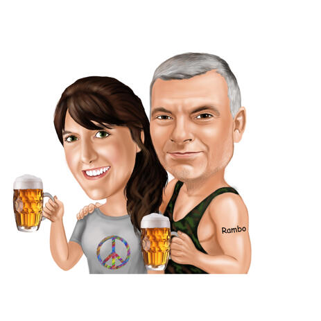 Beer Drinking Couple Caricature in Colored Style from Photos - example