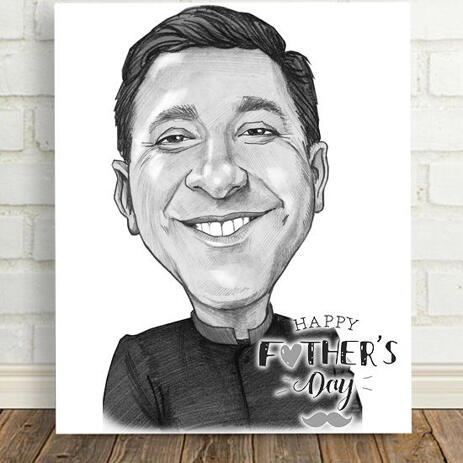 Happy Father's Day Caricature Gift in Black and White Pencil Style on Canvas - example