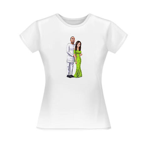 Couple Full Body Cartoon Portrait in Colored Style Printed on T-shirt - example