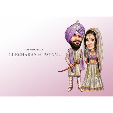 Indian Wedding Couple Caricature for Invitation Card in Colored Style from Photos - example