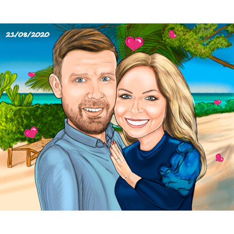 Couple Engagement on Vacation Caricature Hand Drawn from Photos - example