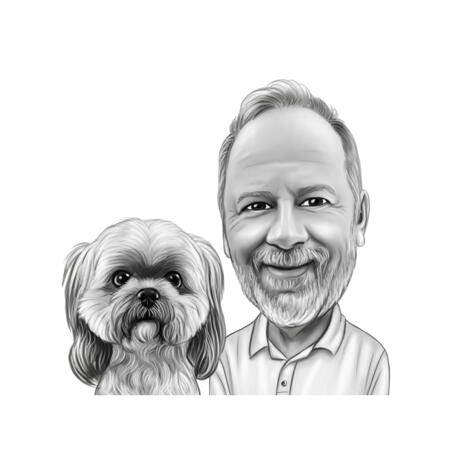 Person Individual with Pet Cartoon Caricature in Black and White Style from Photos - example