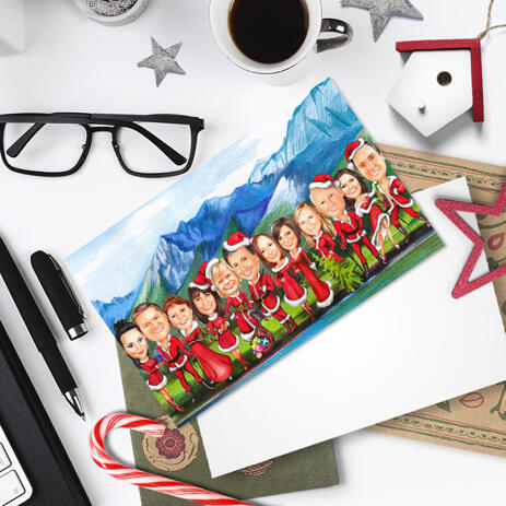 Company Santa Group Christmas Caricature Set of 10 Cards on Custom Background - example