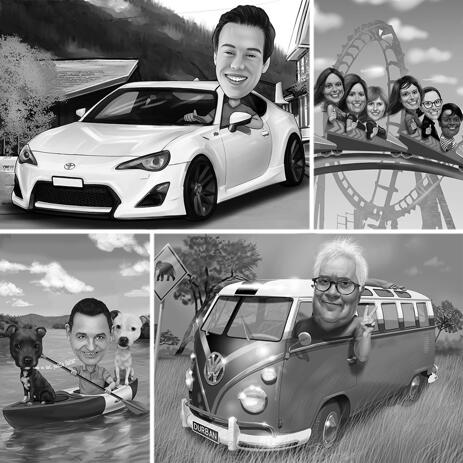 Black and White Head Caricature with Any Vehicle and Personalized Background - example