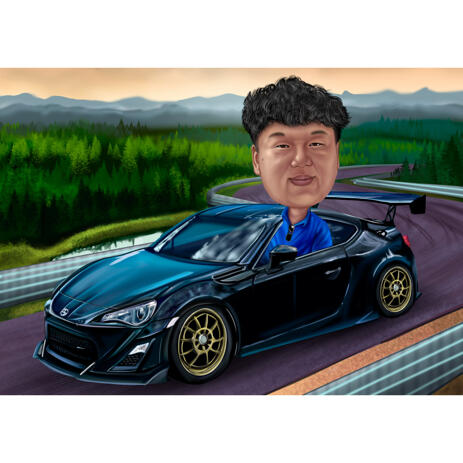 Custom Car Portrait Caricature Painting Gift with Female or Male from Photos with Carside Road Background - example