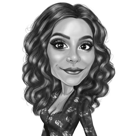 Woman Caricature from Photo in Black and White Exaggerated Cartoon Style - example