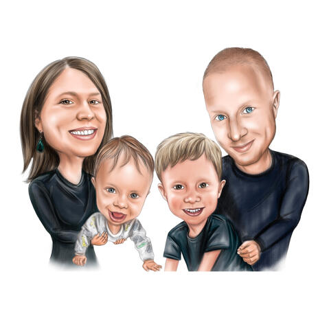 Parents and Two Kids Color Caricature Art Drawing from Photos - example