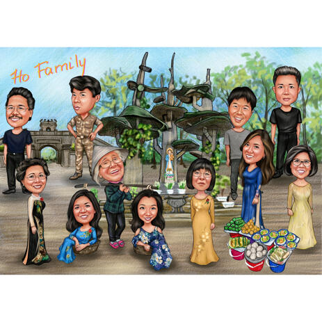Big Family Group Caricature from Photos with Personal Hobbies - example