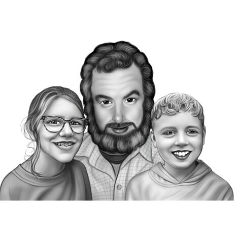 Father with Children Portrait Cartoon from Photos in Black and White Style - example