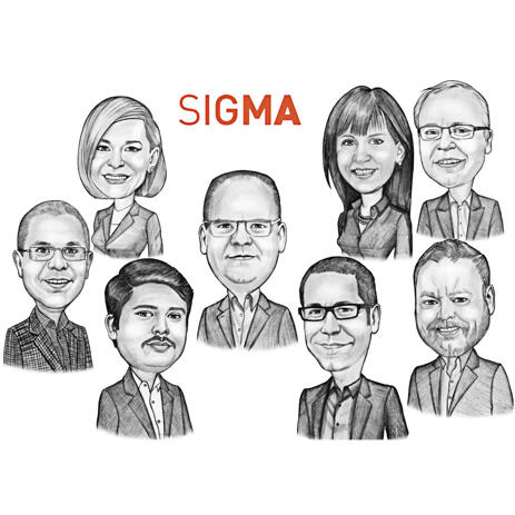 Hand Drawn Corporate Group Company Staff with Company's Logo Caricature from Photos - example