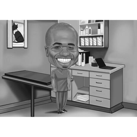 Tierarzt-Karikatur im Schwarz-Weiß-Stil - Ganzkörper - example