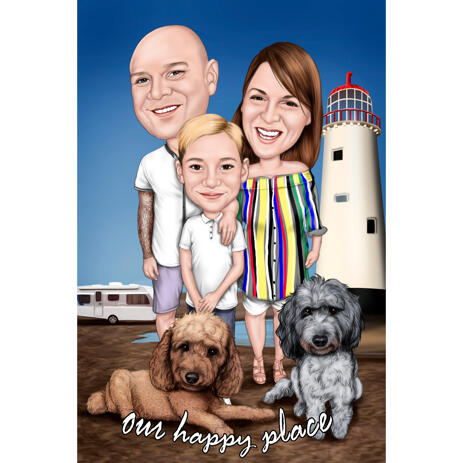Full Body Family Group Caricature with Pets on Custom Background - Happy Place - example