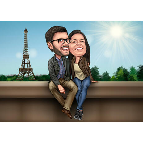 Unique Couple Caricature in Paris Hand Drawn in Colored Style from Photos - example
