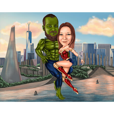 Custom Couple Superhero Hand Drawn Caricatures for Comic Book from Photos with Background - example