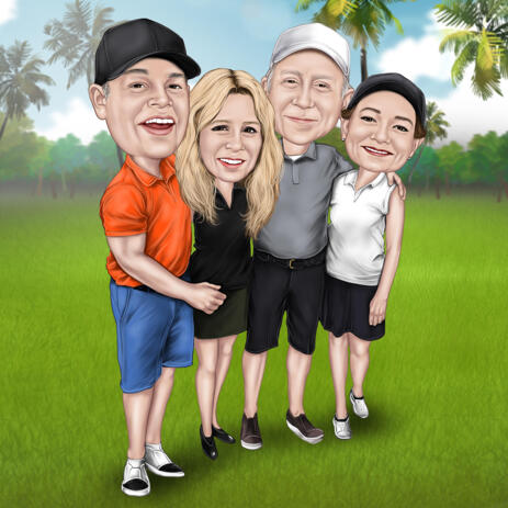 Full Body Group Golfing Caricature with Grassland Background for Custom Golfer Gift - example