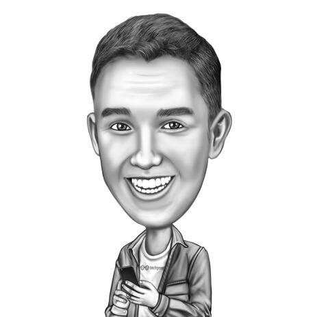 Person with Phone Cartoon Portrait in Black and White Style from Photo - example
