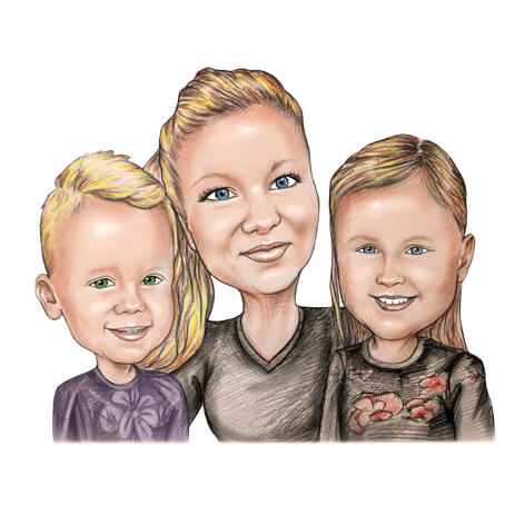 Best Mother with Son and Daughter Caricature Portrait in Pencil Style from Photos - example