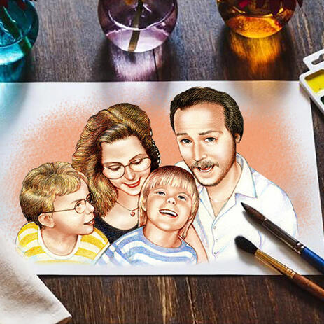 Parents with Children Cartoon Drawing in Colored Style as Print on poster - example