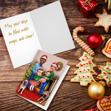 Family with Pets in Santa Hats Caricature Drawing for Custom Christmas Gift - Set of 10 Cards - example