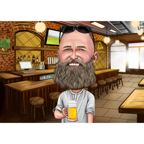 Person Holding Beer Cartoon Caricature in Colored Style with Pub Background from Photo - example