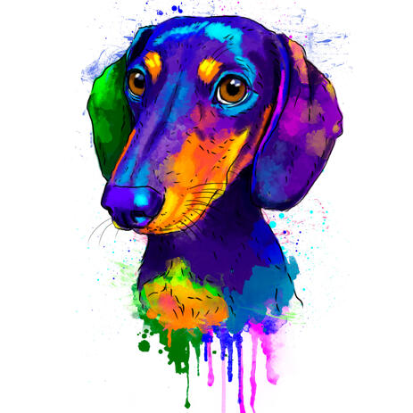 Rainbow Dachshund Portrait Hand Drawn from Photos in Watercolor Style - example