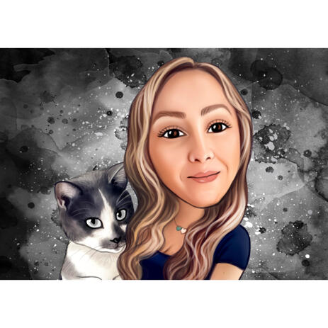 Person og kat tegneserie karikatur i farve stil med grå baggrund - example