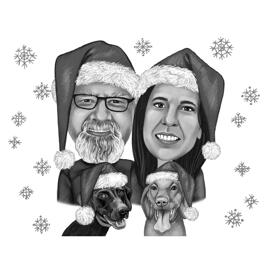 Paar Weihnachten und Neujahr Schwarz-Weiß-Stil Karikatur Zeichnungen - Besitzer und Haustiere