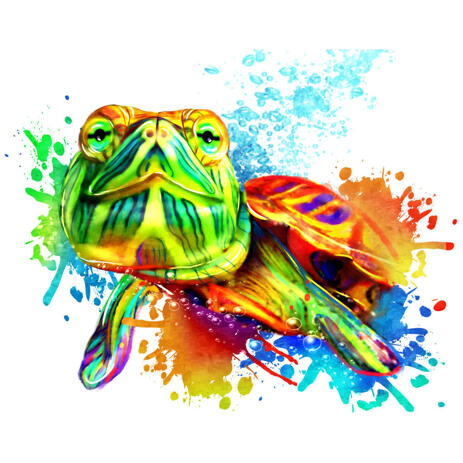 Turtle Portrait Hand Drawn from Photo in Rainbow Watercolors - example